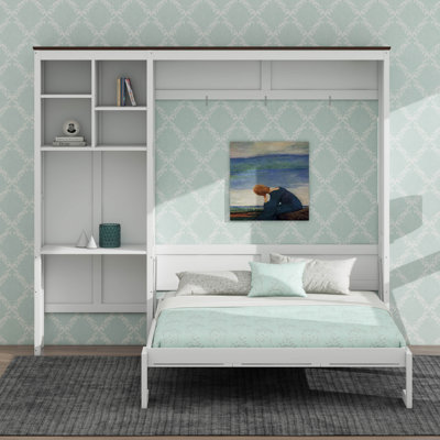 Lit escamotable Queen Size avec bureau, appliques murales et rangements à plusieurs niveaux, lit mural gain de place avec étagères et placards