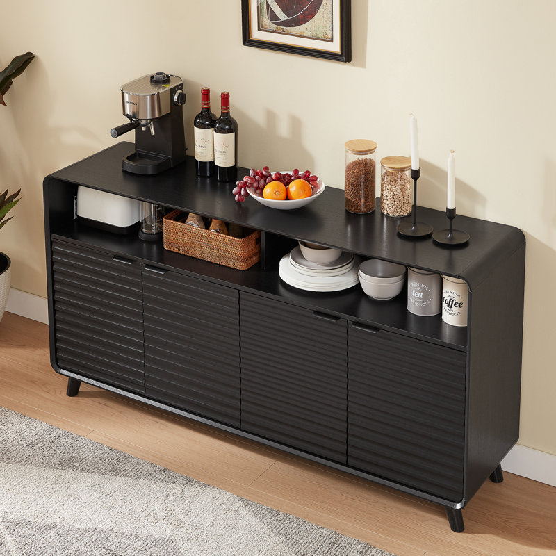 63" Curved-Edge 4-Door Sideboard With Two Compartments And Grooved Trim Finish For Dinning, Kitchen, Living Room, Black