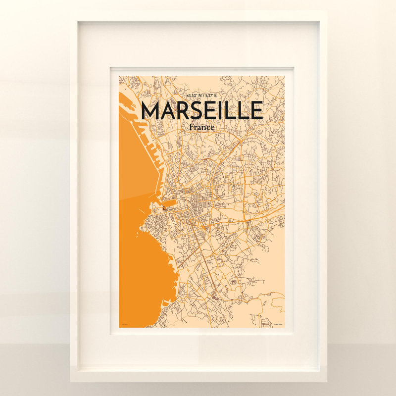 «Marseille City Map», impression, H 27,6 po x l 19,7 po, Orange / or pâle