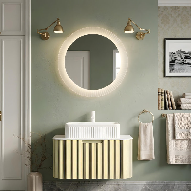 Armoire de salle de bain rayée avec tiroirs et lavabo rectangulaire en céramique blanche, 30"