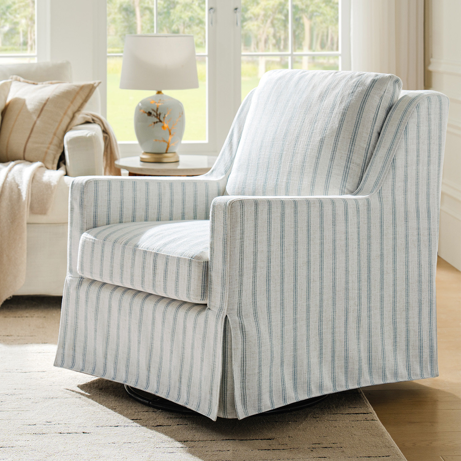 Lillie Swivel Rocking Armchair, Blue Striped