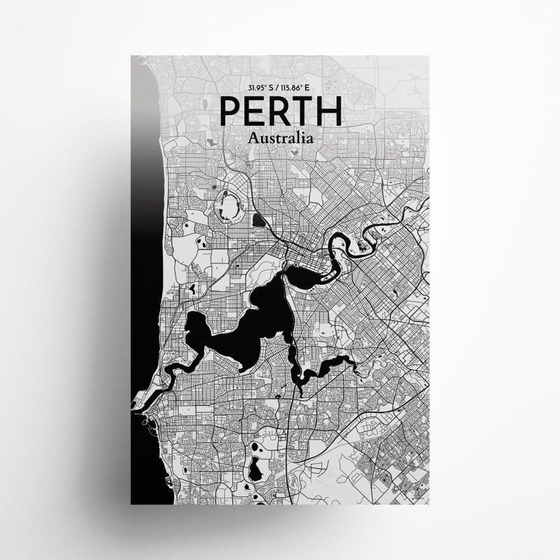 «Perth City Map», impression, Noir / blanc, H 36 po x l 24 po