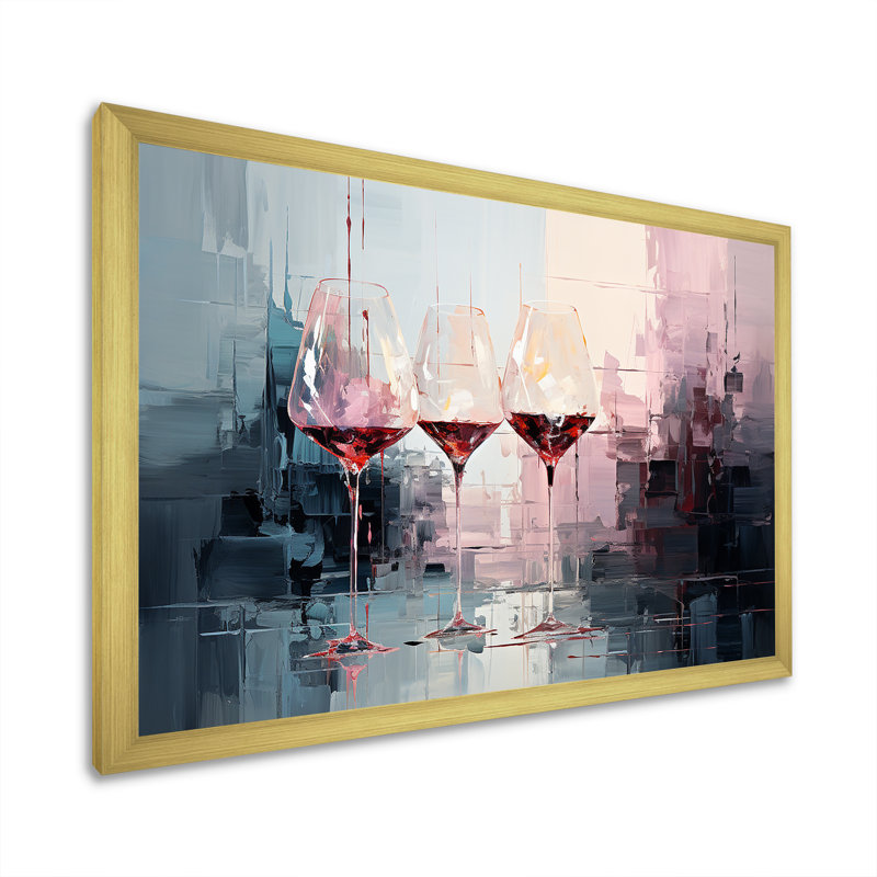 «Wine verres Deep collage - Wine», art mural encadré, Cadre doré à coins fermés, H 16 po x l 32 po x P 1 po