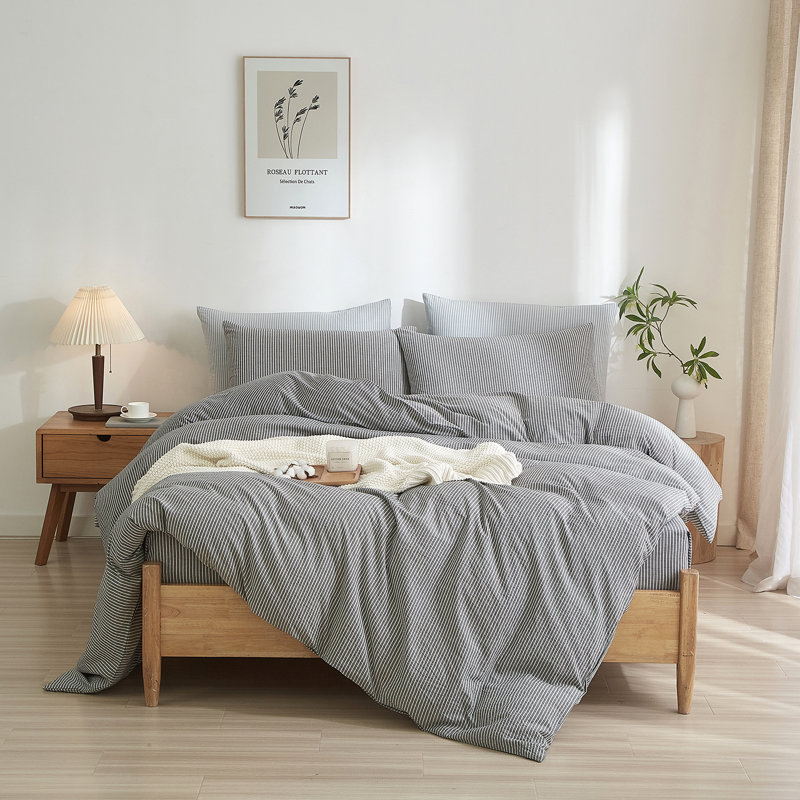 LIFETOWN Striped Duvet Cover Set,3 Pcs Breathable Durable 100% Washed Cotton Comforter Cover for All Seasons, Chic Linen Like Textured Bedding Set.
