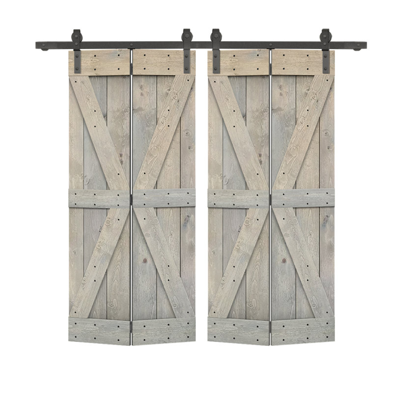 Porte de grange pliante en bois de pin avec quincaillerie coulissante, 60 po x 84 po, Smoke Grey