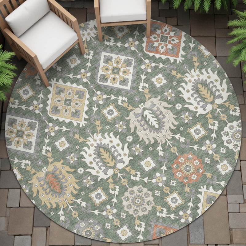 Machine Washable Indoor/Outdoor Husby ACN2200 Bohemian Rug, Round 8'