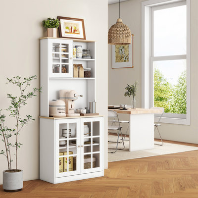 Kitchen Pantry Cabinet, 72" Freestanding Storage Cabinet With Hutch, Large Countertop, Glass Doors And Adjustable Shelves, Microwave Cabinet, Coffee Bar Cabinet For Dining Room