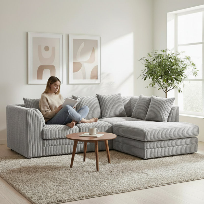 Jumbo Cord Upholstered Corner Sofa Small Back Cushion with Foot Stool , Right Hand Facing, Silver