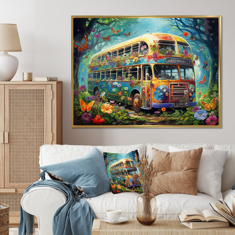 Magic Hippie Bus In The Flower Forest sur toile, H 16 po x l 32 po x P 1 po, Cadre flottant noir