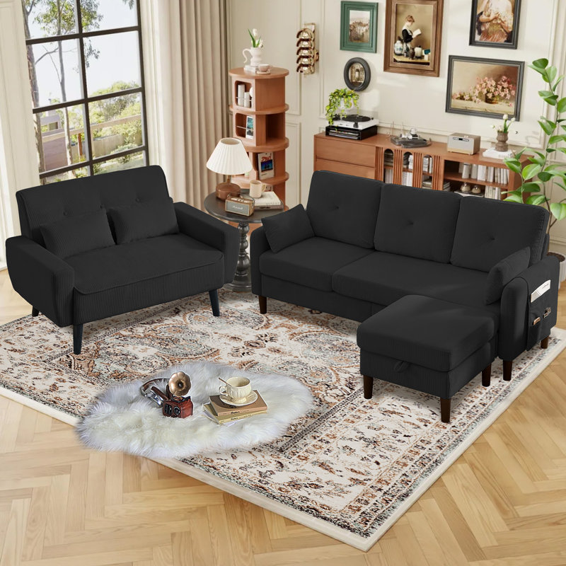 Ensemble de canapé modulaire 3 pièces avec causeuse et repose-pieds, Noir