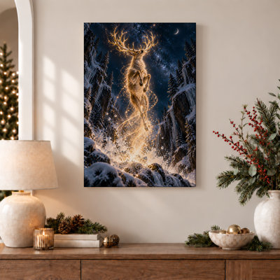 «Golden Stag in Snowy Forest Under Starry Sky Christmas», art mural sur toile