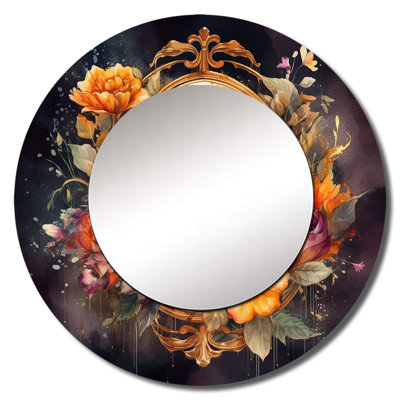 Orvilla Antique Floral Mirror With Butterflies I - Floral Mirror, Traditional Round Decorative Wall Mirror, Printed Metal Art