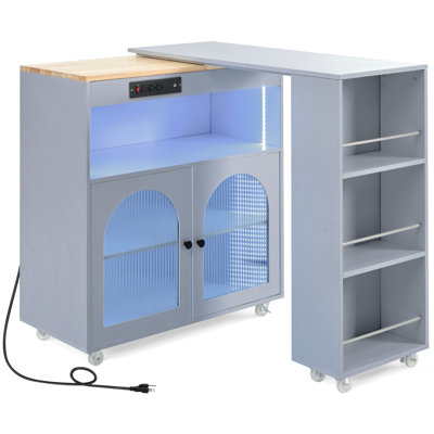 Îlot de cuisine roulant avec table allongée, îlot de cuisine sur roulettes avec lumières DEL, prises de courant et 2 portes en verre cannelé, îlot de cuisine avec compartiment de rangement et 3 tablettes ouvertes latérales
