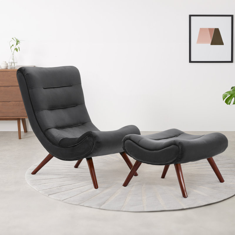 Aeliana Upholstered Accent Chair with Footstool, Black Velvet 