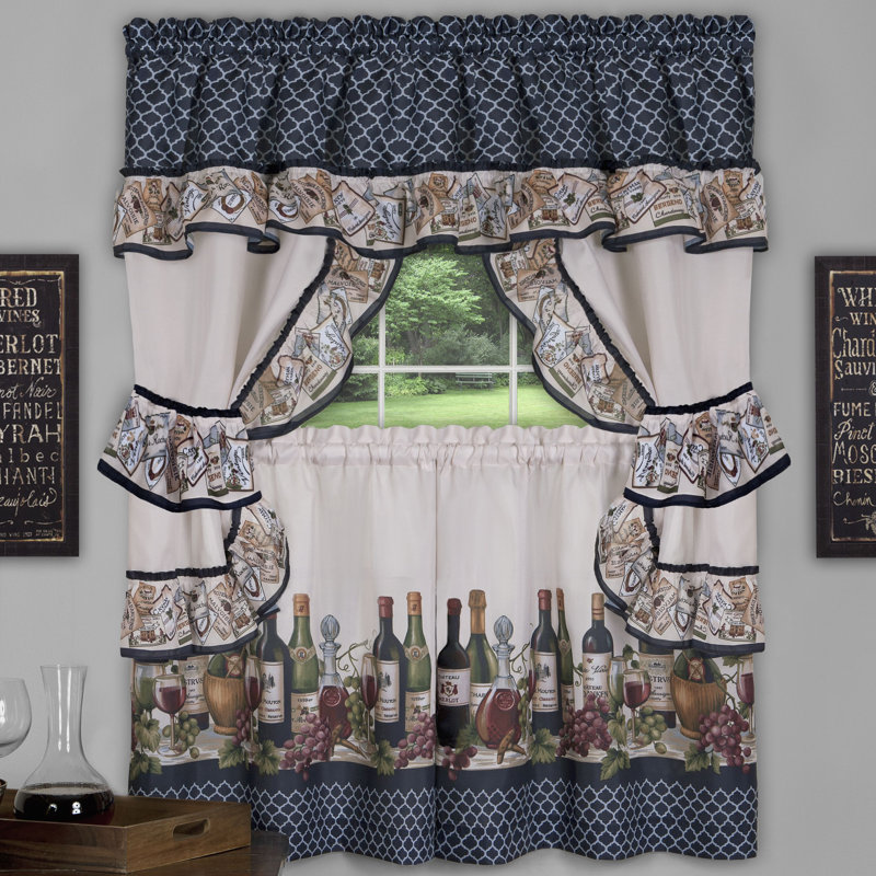 Navy Floral Print Polyester Kitchen Tier Curtain Set