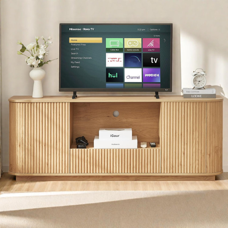 64-Inch Wavy TV Stand with Rounded Sideboard and Vertical Stripe Storage Cabinet