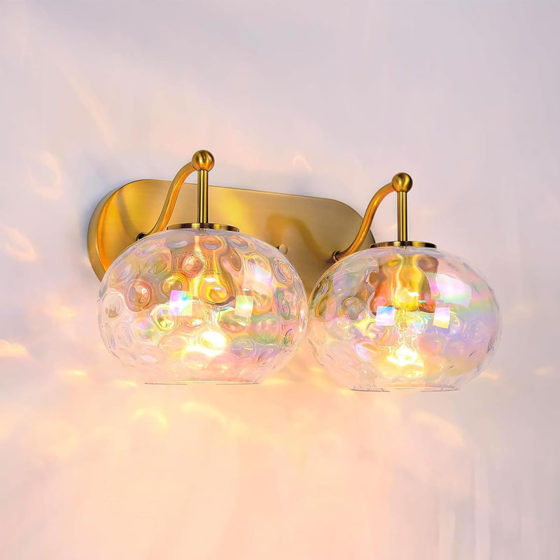 Éclairage pour meuble-lavabo moderne en laiton brossé avec abat-jour en verre martelé, applique murale 2 lumières pour salle de bain, salon, couloir et cage d'escalier