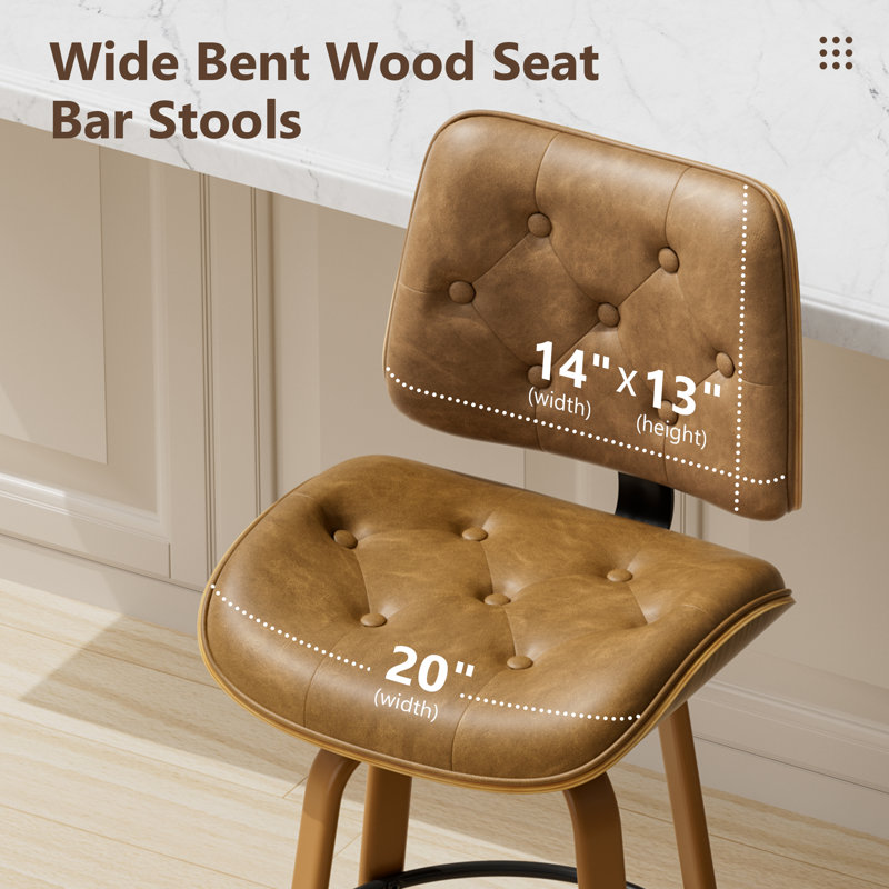 Swivel Bar Stools, 26" Kitchen Counter Height Stools with Back Wooden Legs and Footrest, Black Leather Barstools for Kitchen Island