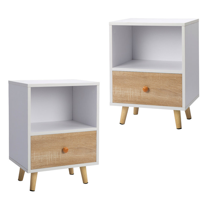 2 placards de chevet avec 1 tiroir et pieds courts, table de bout avec tablette de rangement, intérieur, blanc