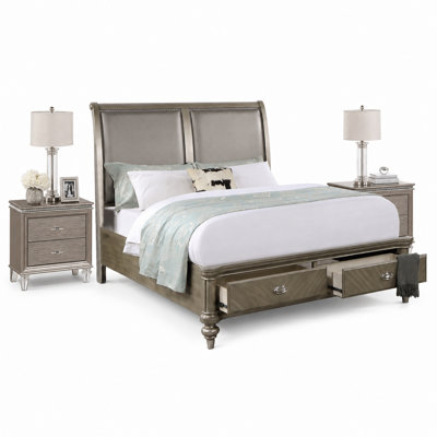Ensemble de chambre à coucher grand lit, bois doré, ensemble de 3 pièces avec 2 tables de chevet