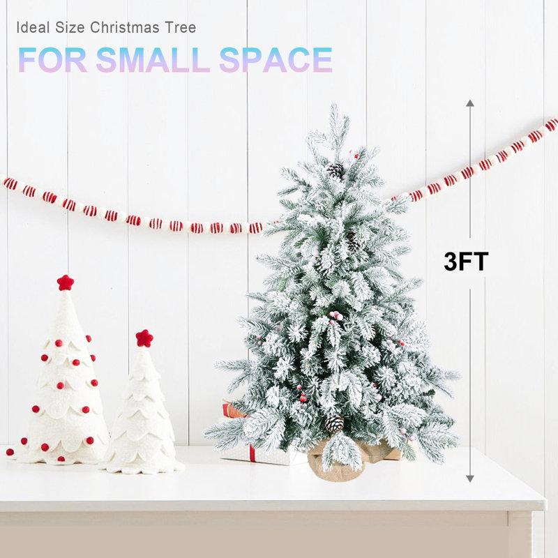 Arbre de Noël enneigé 3 pi avec 355 pointes, pe / branches enneigées, pin et baies pour le décor de table d'entrée de table, look réaliste, 14, base recouverte de toile de jute rouge et stable