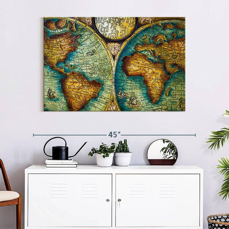 Carte du vieux monde sur toile, H 26 po x l 39 po x P 1,25 po