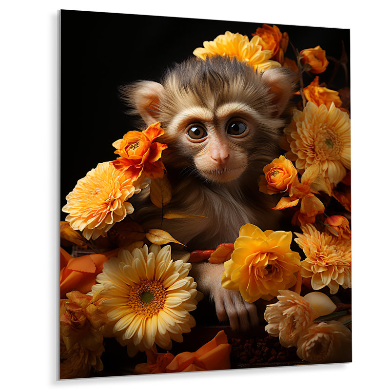 «Yellow Autumn Monkey Palette» - Art mural en métal avec un singe, H 20 po x l 12 po x P 1 po