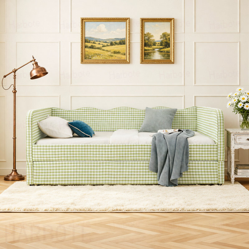Divan-lit double convertible 3 en 1 avec couchette gigogne et poches de rangement latérales Gingham, Vert