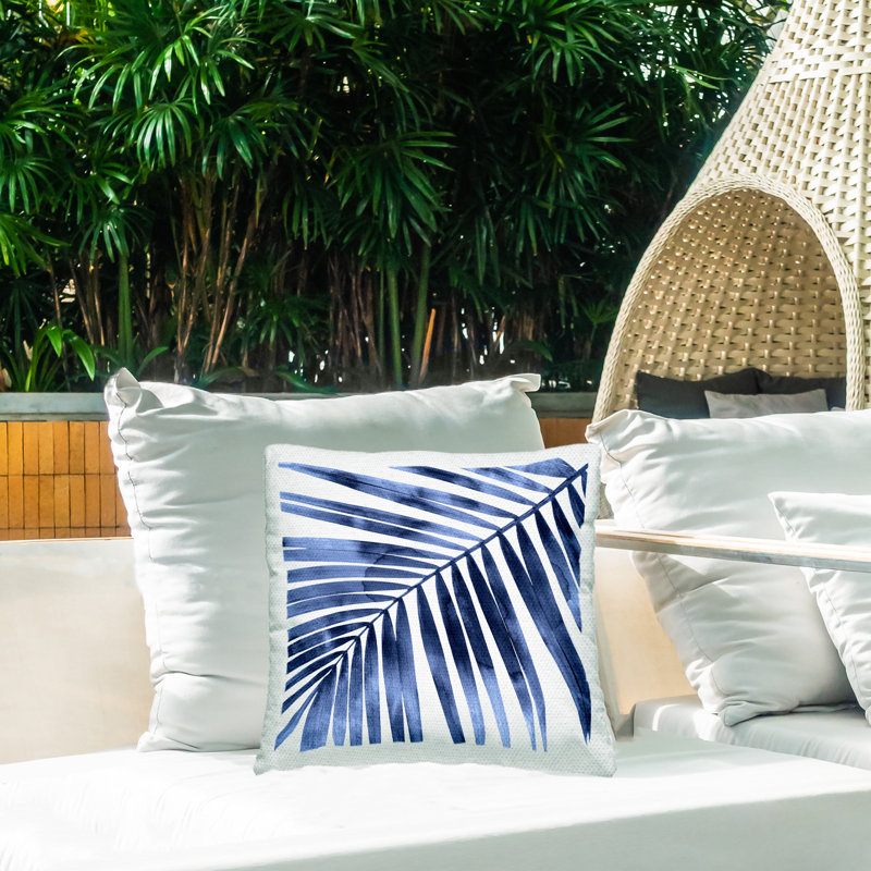 Coussin d'extérieur imprimé bleu feuille de palmier tropical par Melonie Miller