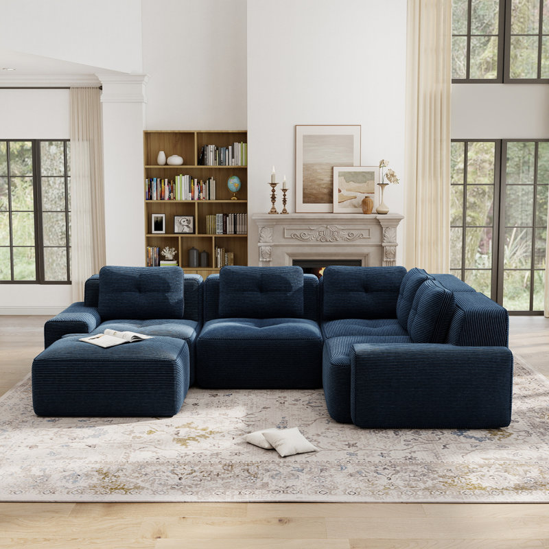 Canapé d'angle modulaire en velours côtelé à 4 places de 116 po avec 2 repose-pieds en velours côtelé pour salon 116, Bleu