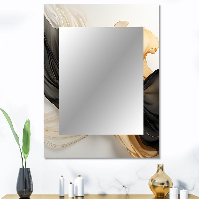 Gold And Black Soft Wave Fusion IV - Abstract Shapes Mirror, Modern Decorative Wall Mirror, Printed Metal Art, 40" x 30"