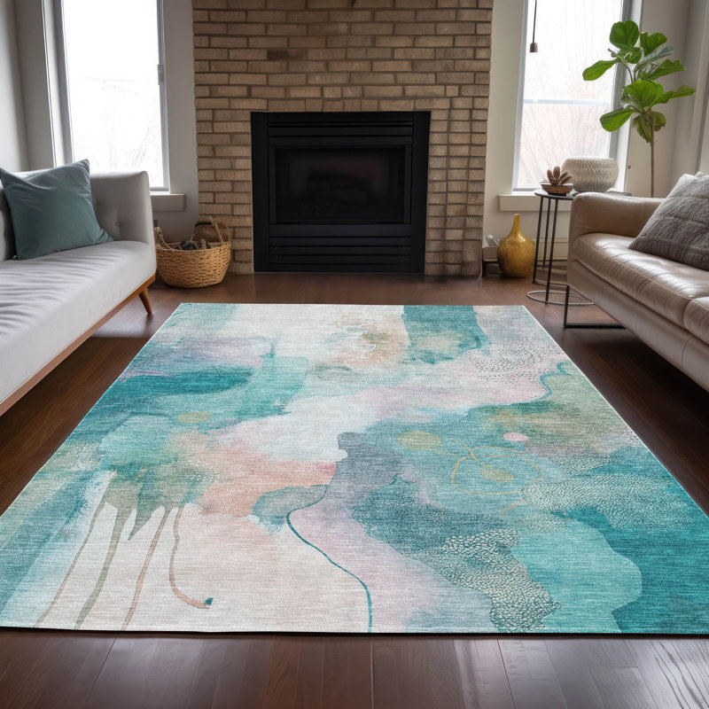 Tapis turquoise intérieur / extérieur lavable à la machine, Rectangulaire 8 pi x 10 pi