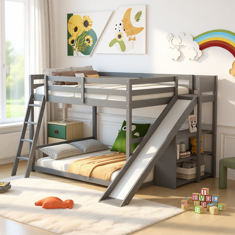 Lit superposé double avec glissière, tablettes de rangement, échelle, structure en pin massif, garde-corps de sécurité, aucun sommier requis