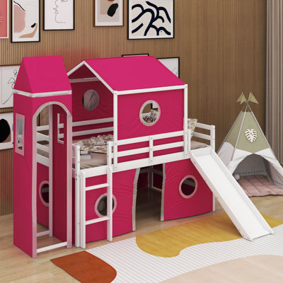 Twin Size Loft Bed With Slide Pink Tent And Tower