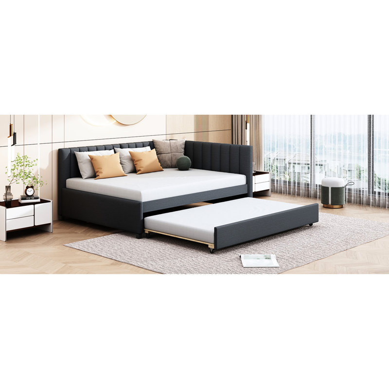 Gray Linen Upholstered Daybed With Portable Trundle, Stable Bed Frame, No Need For Box Spring Full Size Trundle And Upholstery, Needed, Classic Design Stability Space Savings