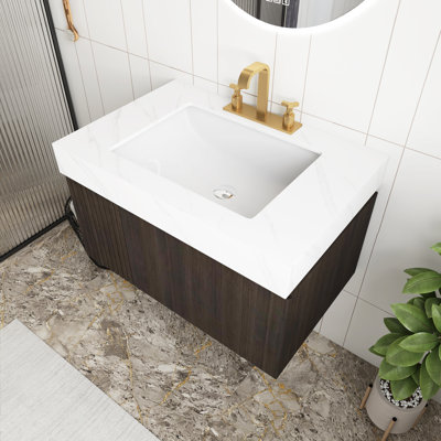 Meuble-lavabo de salle de bain espresso à grain de bois 30 po avec lavabo, comptoir en pierre frittée blanc Carrara et lavabo en céramique avec 3 trous de robinet pré-percés, armoire de rangement en contreplaqué flottant avec tiroir et porte, pré-assemblé