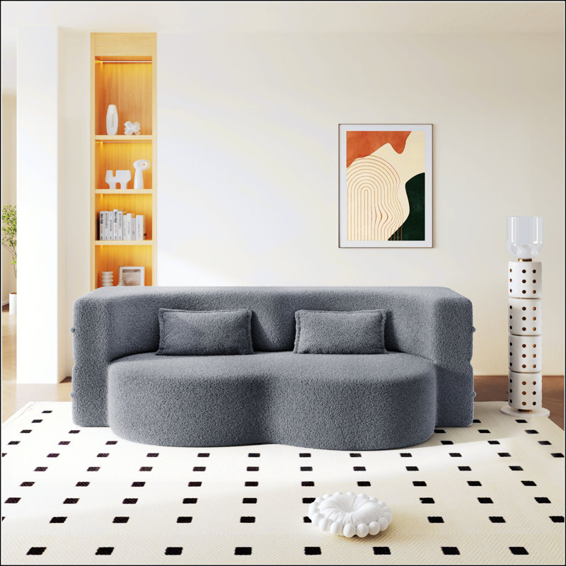 Modern Convertible Teddy Fabric Sofa Bed With 2 Pillows, 15/, Dark Grey