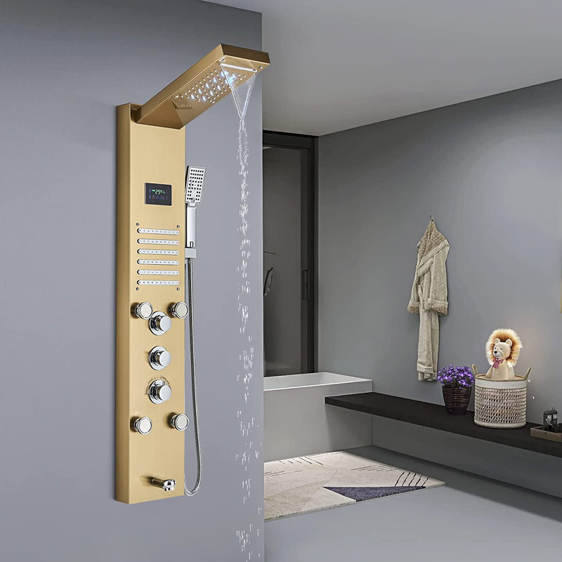 LED Shower Panel Tower Rain&Waterfall Massage Body Jets System Stainless Steel, Brushed Gold