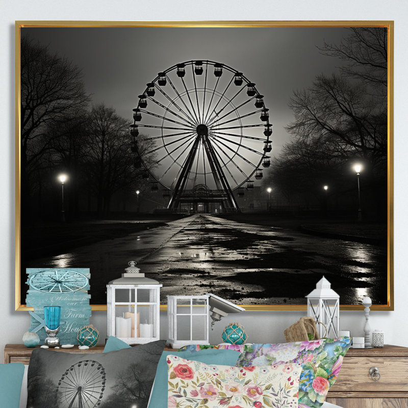 Grande roue grise enchantée - impression, H 12 po x l 20 po x P 1 po, Cadre flottant doré
