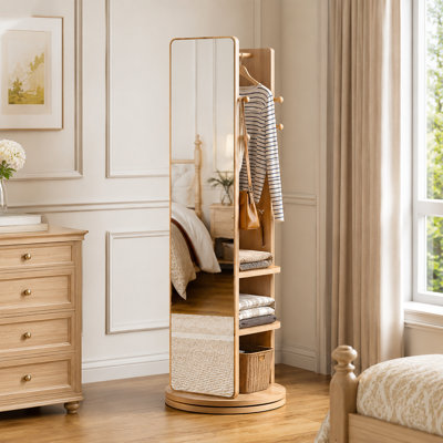 Miroir pivotant sur pied à 360° (168 cm x 45 cm), en bois massif naturel, avec porte-manteau intégré et crochet de rangement. Économisez de l'espace pour la chambre, le salon et le vestiaire.