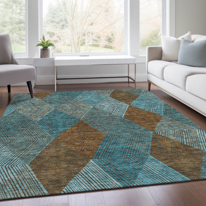 Tapis bleu sarcelle lavable à la machine Premium Prisco, Rectangle 10 pi x 14 pi