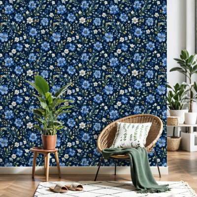 Papier peint auto-adhésif adhésif mural bleu blanc à motif floral feuilles vertes foncées de style aquarelle foncé pour armoires de cuisine de chambre à coucher 17,7 po x 118 po