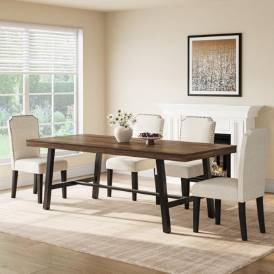 Table de salle à manger industrielle pour 6-8, 78,7 po grand plateau rectangulaire en bois avec structure en acier robuste, conception imperméable et peu encombrante pour la cuisine, la salle à manger, le bureau, brun