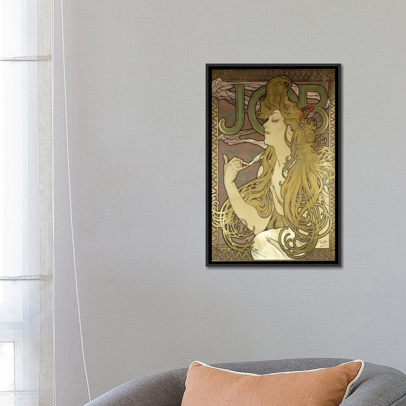 " JOB Rolling Papers Advertisement, 1896 " by Alphonse Mucha, 26" H x 18" W x 1.5" D, No Mat, Black Framed Canvas