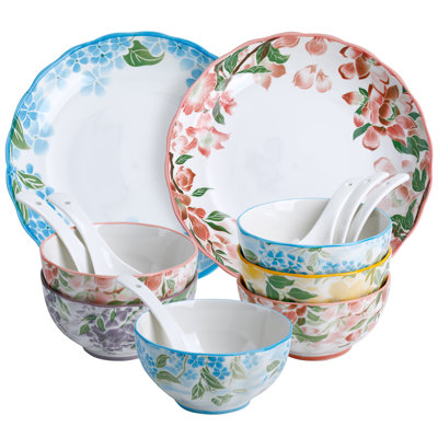 White & Blue Floral Porcelain Dinnerware Set, 14-Piece Plates & Bowls Sets, Microwave & Dishwasher Safe, Elegant Gift Packaging