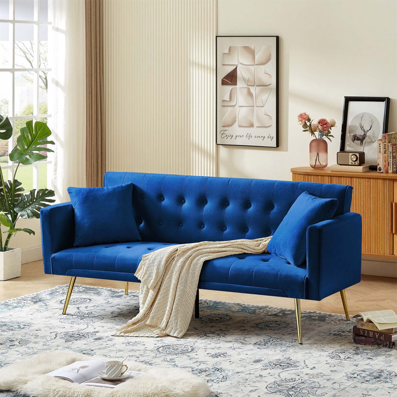 Futon canapé-lit pour salon, causeuse convertible à 3 lits réglables avec pieds en métal, Bleu
