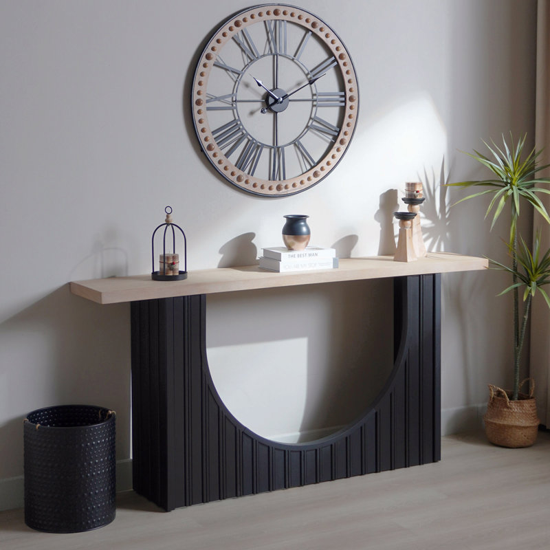Console moderne minimaliste avec base en arche noire et plateau en bois naturel, console de 66 po de longueur