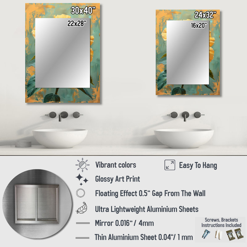 Rétro hibiscus bleu et jaune rétro - hibiscus miroir, miroir mural traditionnel unique, impression sur métal, 40 po x 30 po