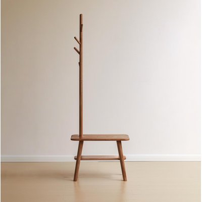 Natural Solid Wood Shoe Stool With Cloth Hanger, Mid-Century Modern Storage Bench With High Rebound Sponge Cushion For Entryway And Living Spaces