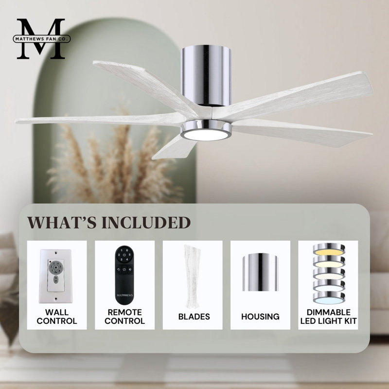 Irene Flushmount Light Kit 5 Blade LED Ceiling Fan, Matte White, Polished Chrome, 42"